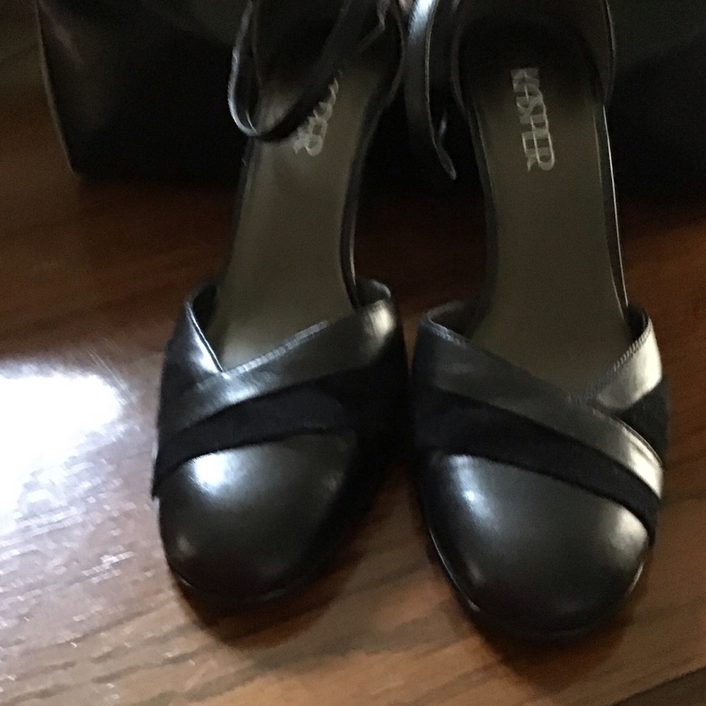 Black kid leather and suede 4” heels with ankle strap
